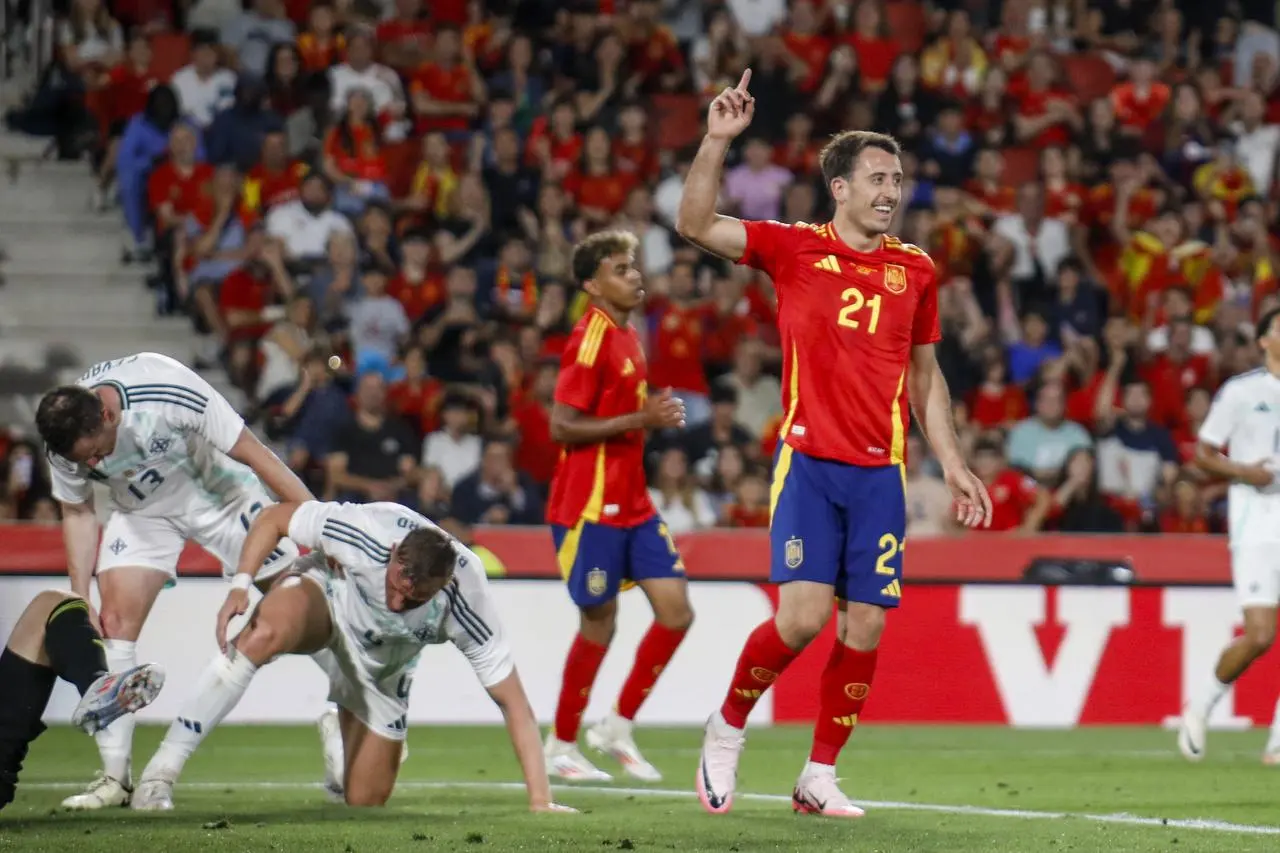 Spain’s Mikel Oyarzabal celebrates scoring his side’s fifth goal (Francisco Ubilla/AP)