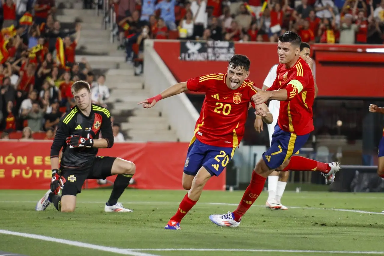 Pedri, centre, celebrates scoring Spain’s third goal against Northern Ireland