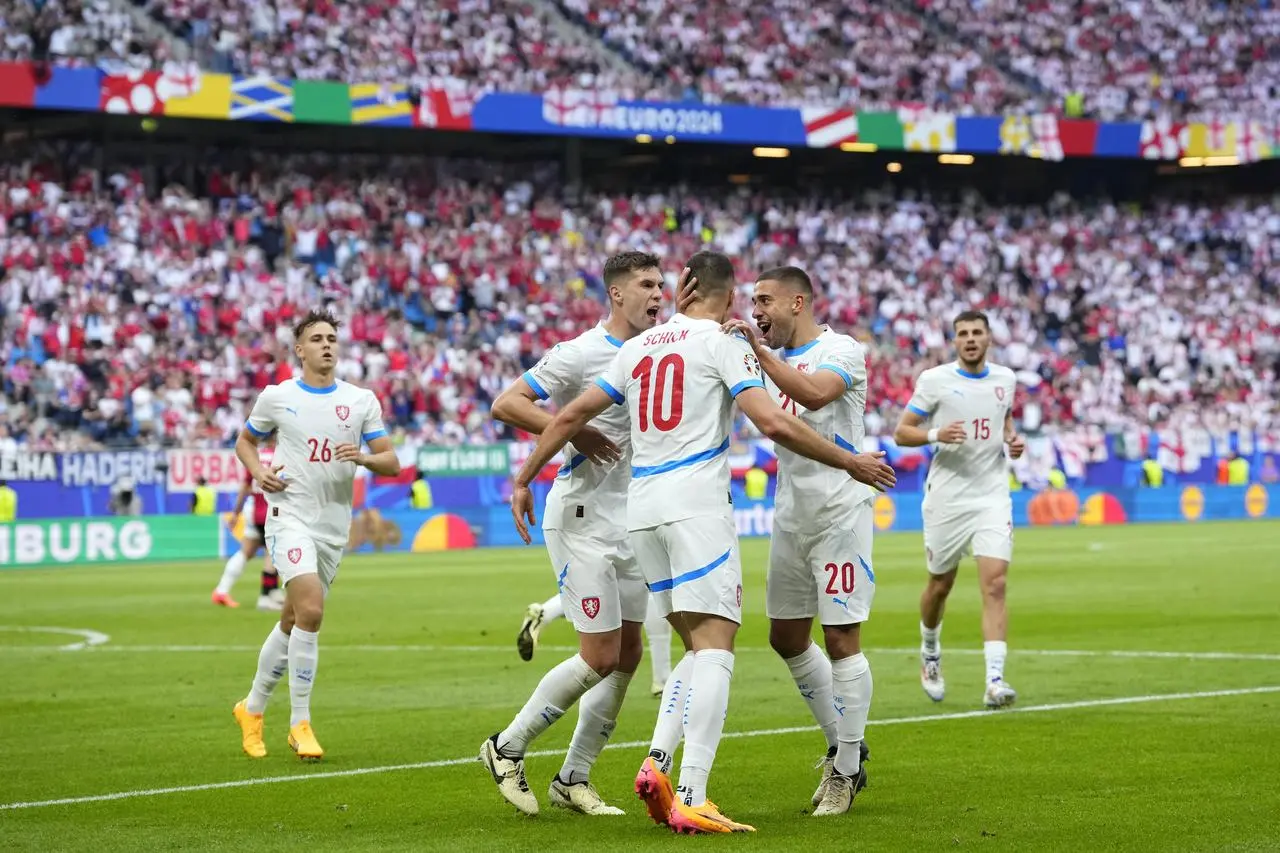 Czech Republic players celebrate scoring against Georgia