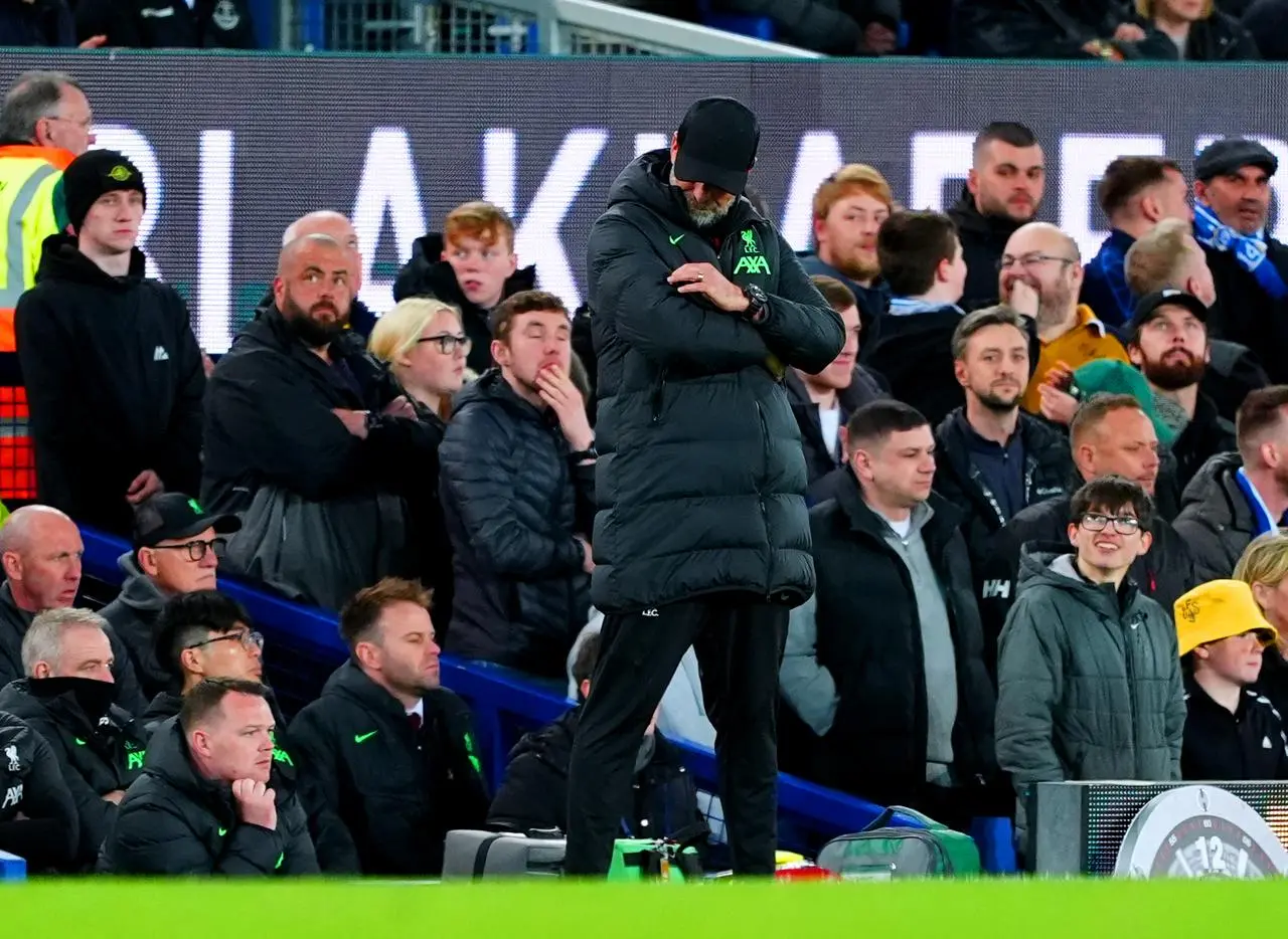 Former Liverpool boss Jurgen Klopp looks dejected on the touchline at Everton