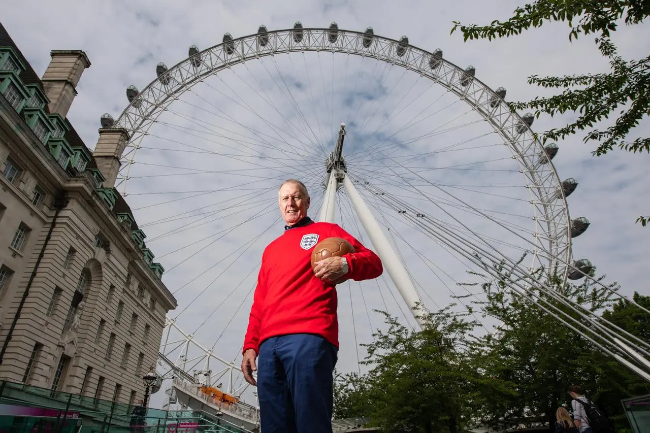 England 1966 World Cup winner Sir Geoff Hurst wearing a replica final shirt outside the London Eye