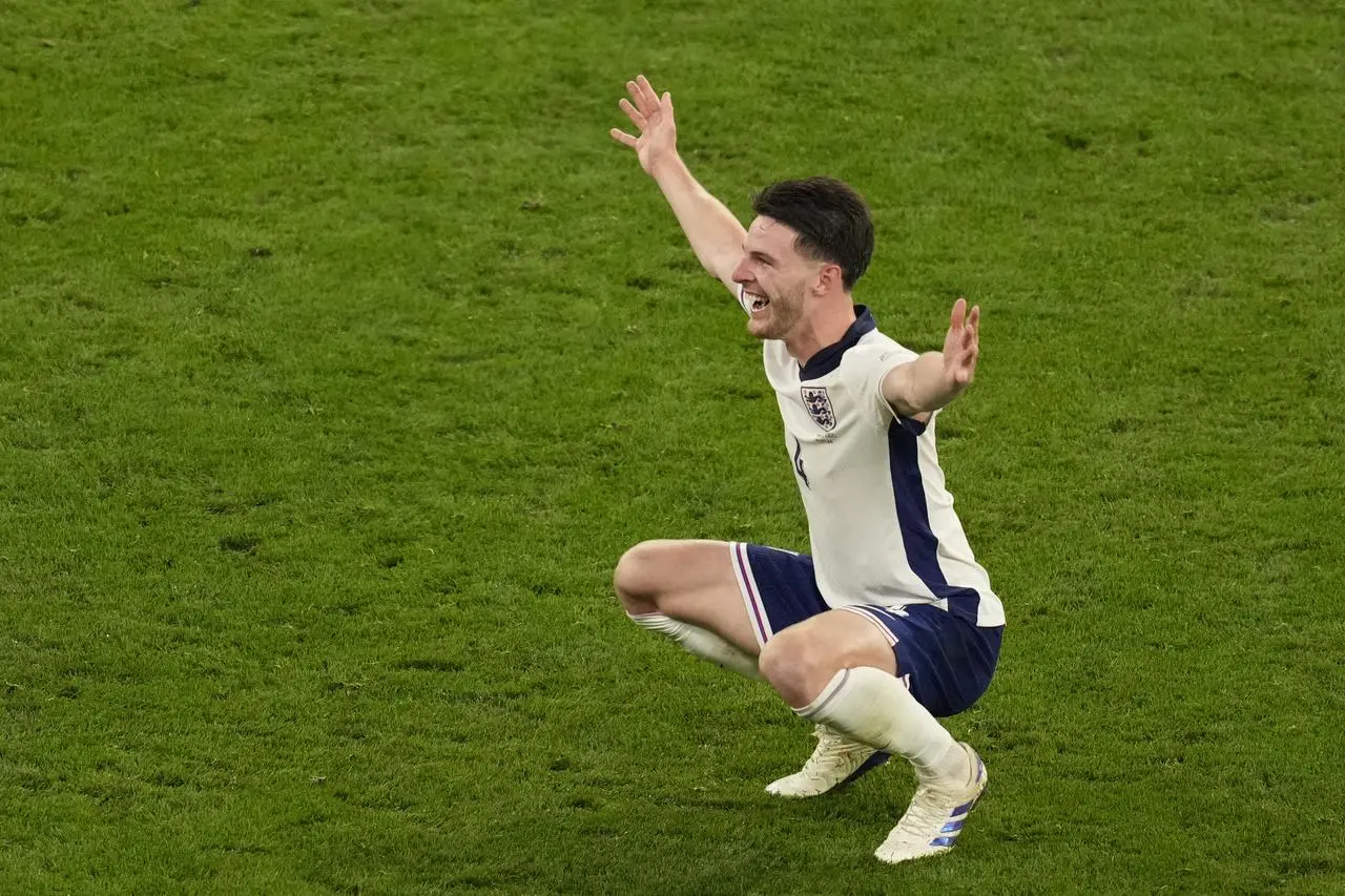 England’s Declan Rice celebrates at the end of the win over the Netherlands