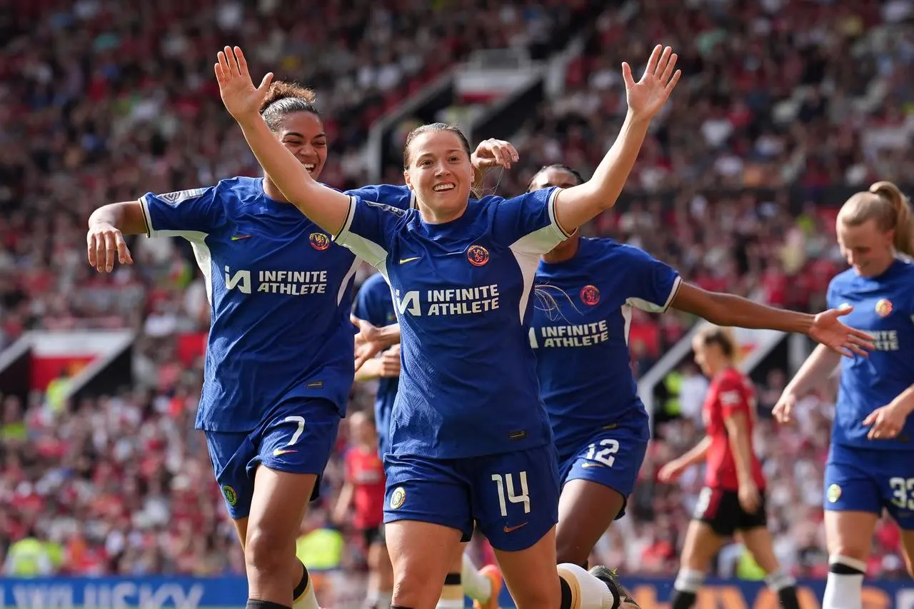 Fran Kirby (centre) celebrates after scoring for Chelsea at Old Trafford