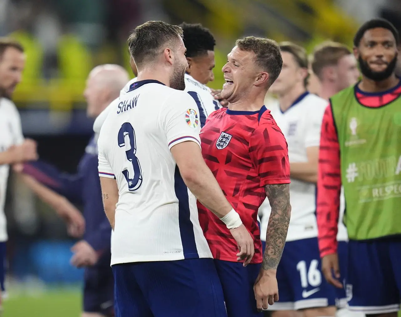 England’s Luke Shaw (left) and Kieran Trippier celebrate after the semi-final win over the Netherlands