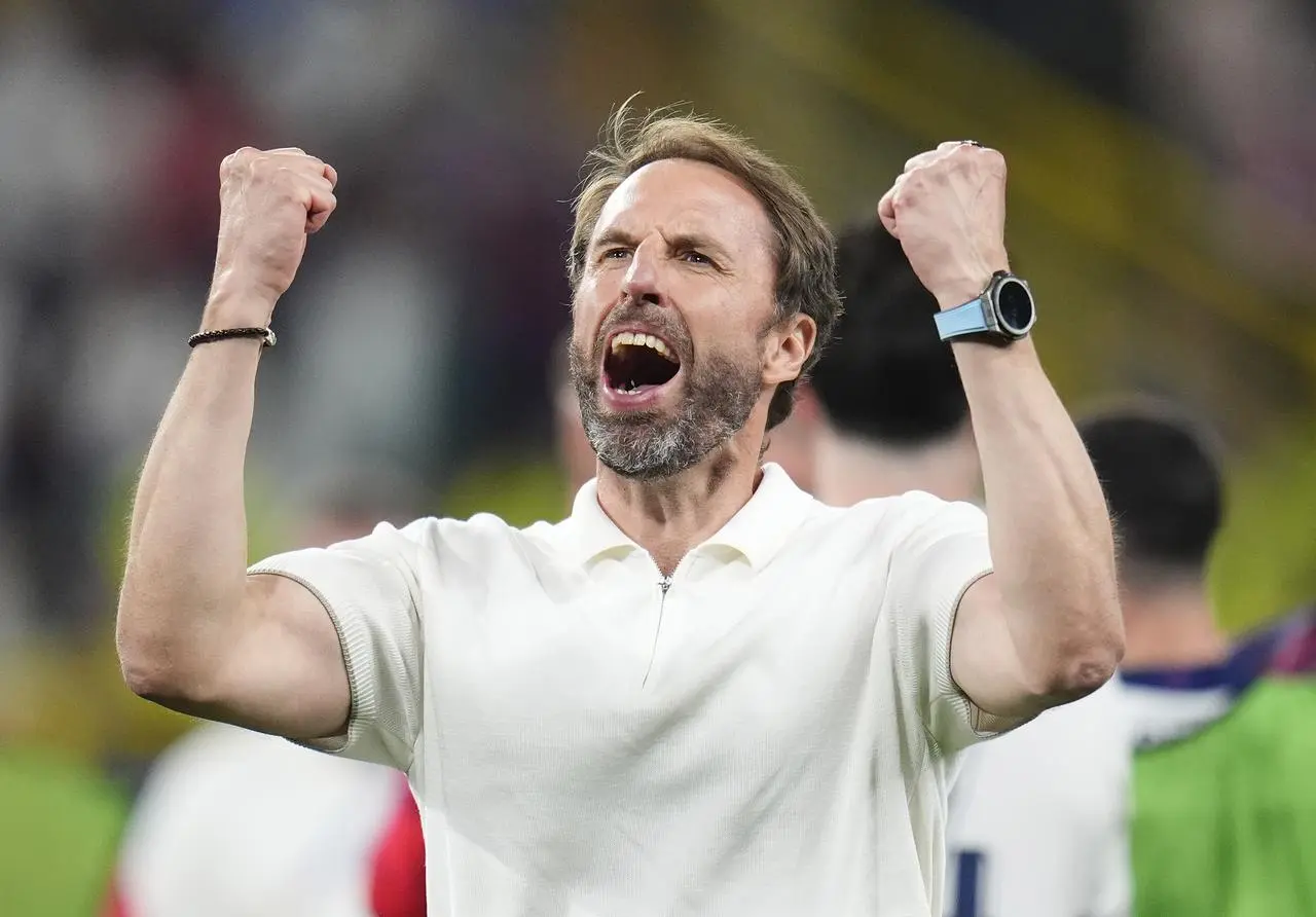 Gareth Southgate celebrates England's win against the Netherlands