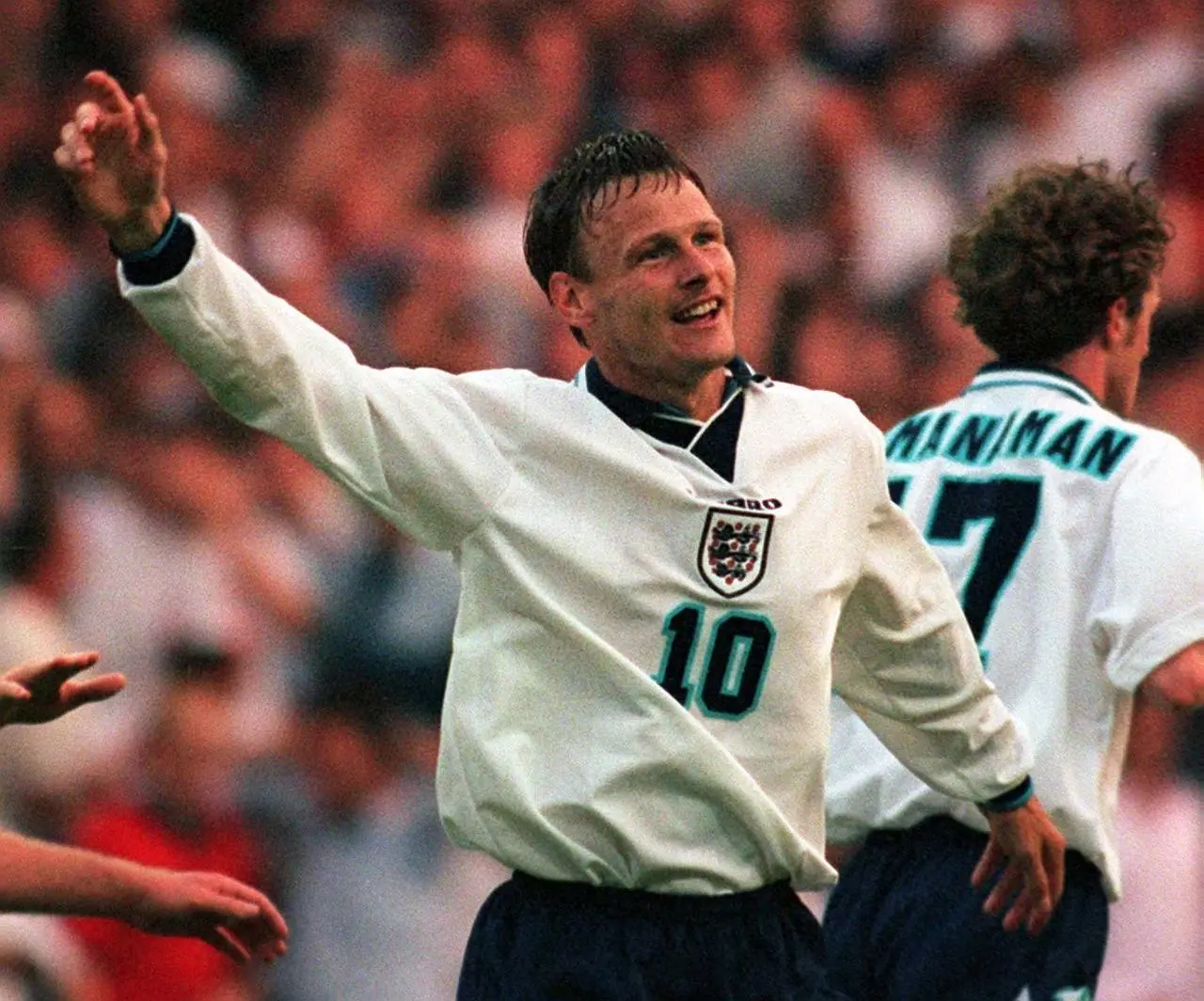 Teddy Sheringham celebrates scoring England’s second goal  in tonight’s (Tues) Euro 96 clash against Holland 