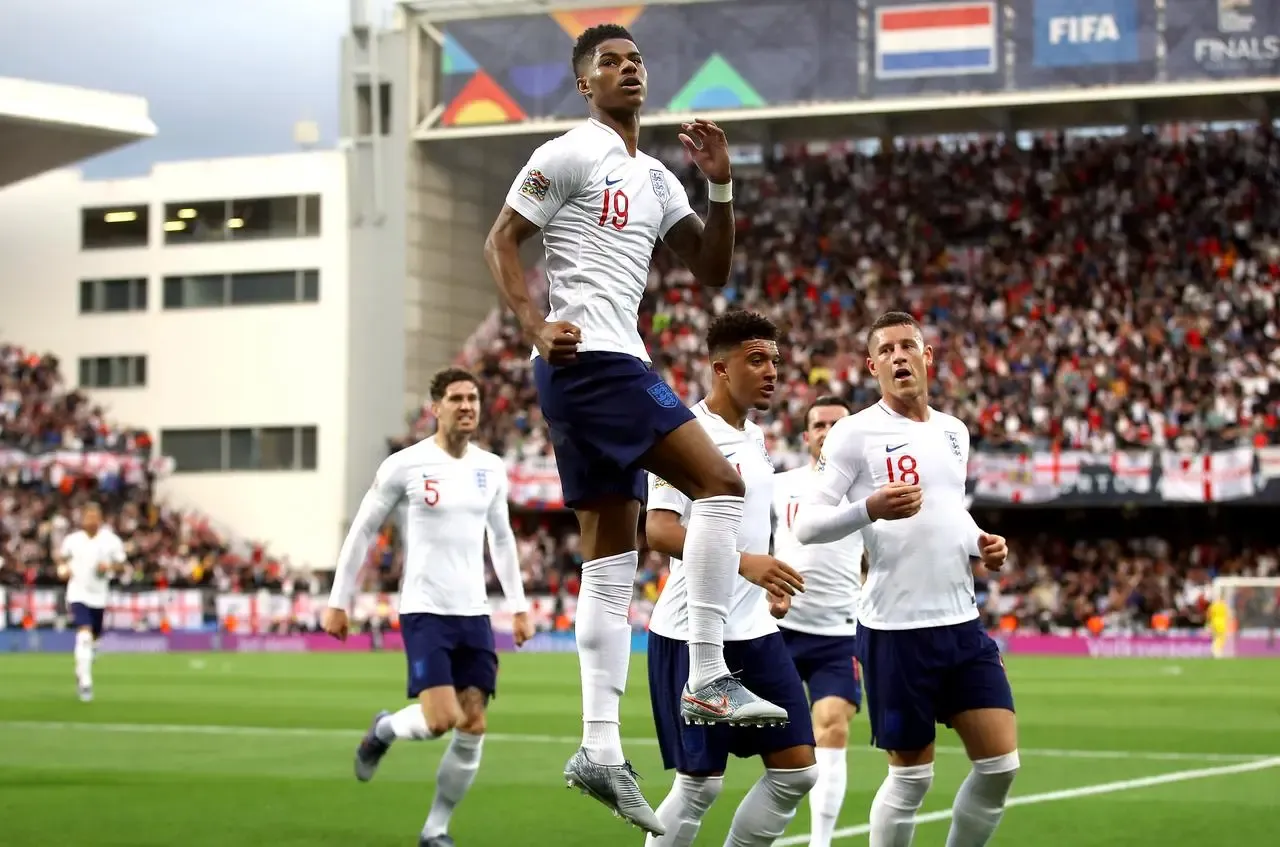 Marcus Rashford celebrates scoring against the Netherlands