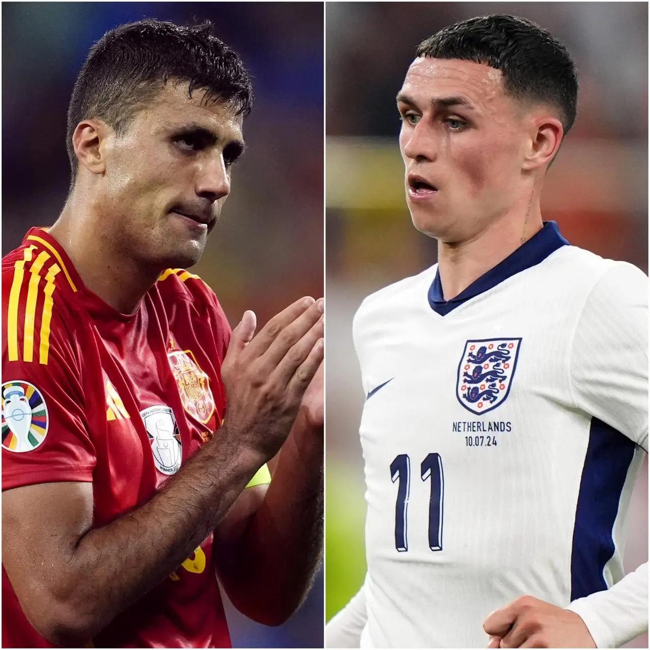 Spain's Rodri and Phil Foden of England