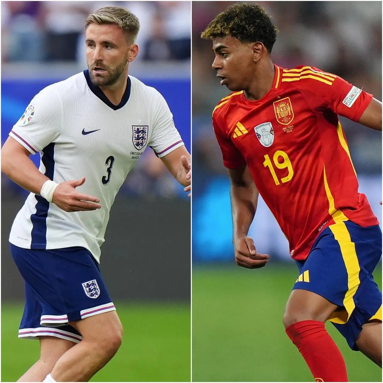 Luke Shaw (left) will be hoping he gets the nod to start against Spain's 16-year-old Lamine Yamal