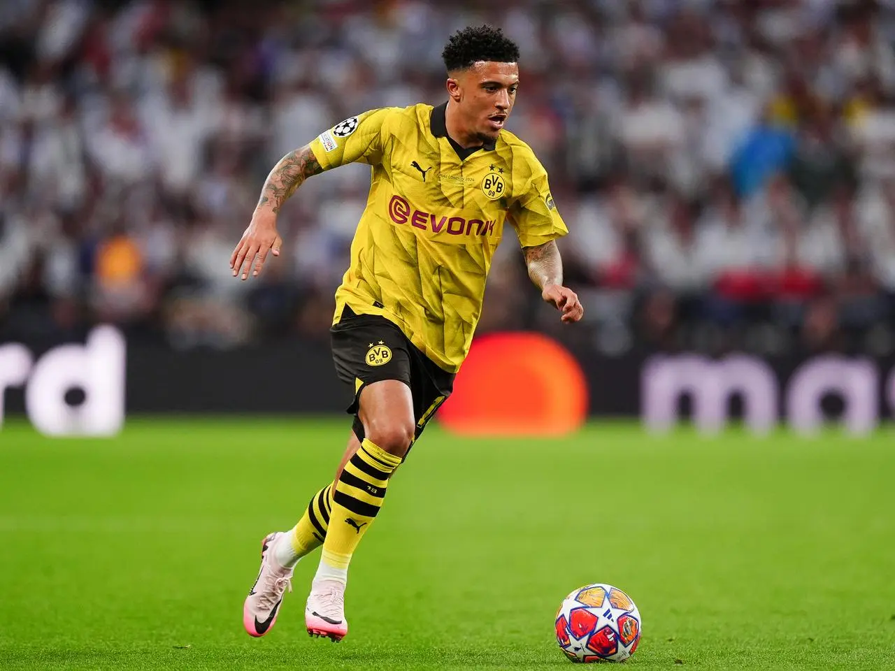 Jadon Sancho pictured playing for Borussia Dortmund against Real Madrid in the 2024 Champions League final at Wembley