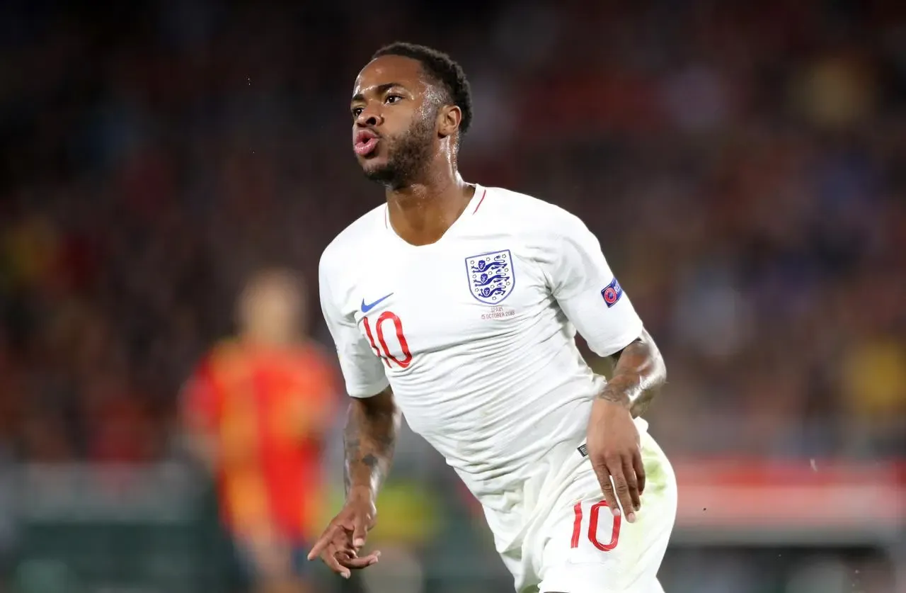 England forward Raheem Sterling celebrates scoring his side’s first goal in the Nations League win over Spain