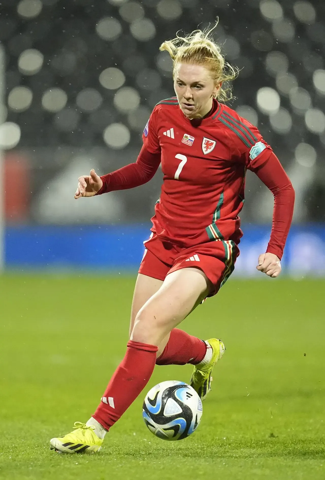 Ceri Holland controlling the ball for Wales