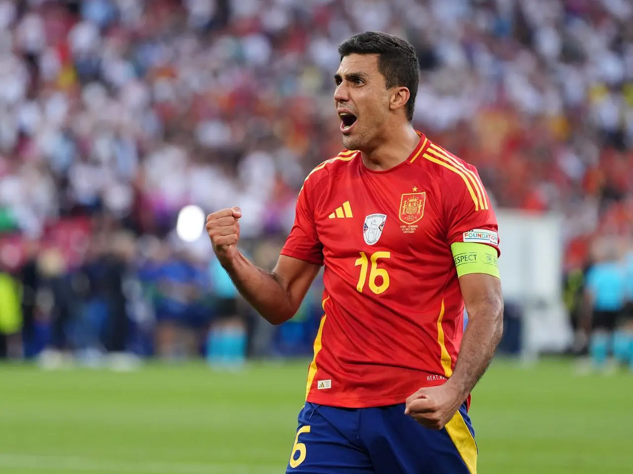 Spain's Rodri celebrates their win over Germany in the Euro 2024 quarter-final