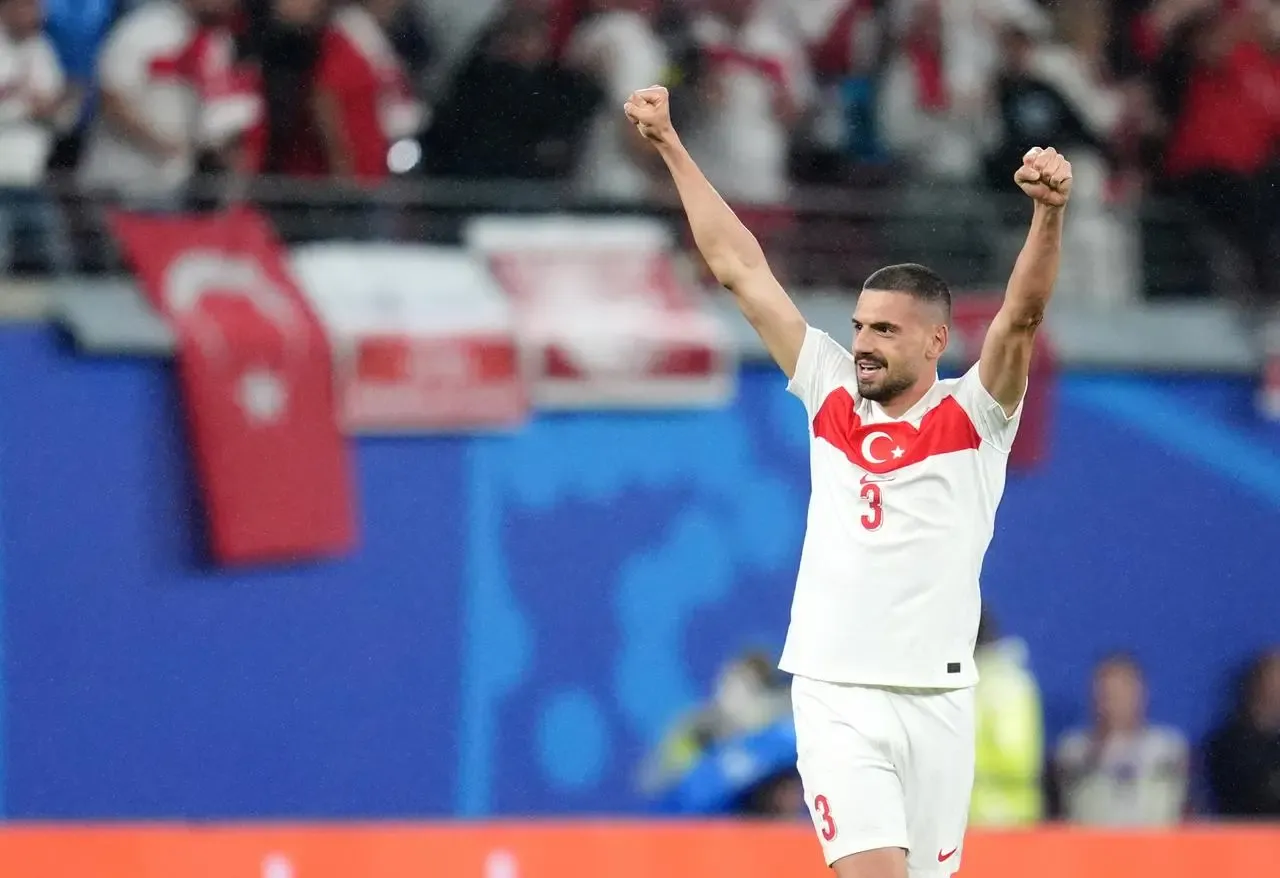 Merih Demiral celebrates scoring Turkey's second goal against Austria