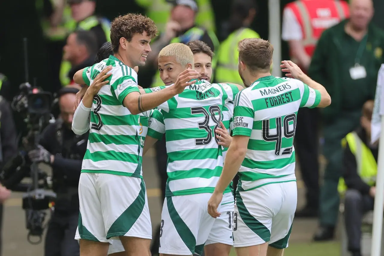 Celtic celebrate their first goal against Hibernian on Sunday