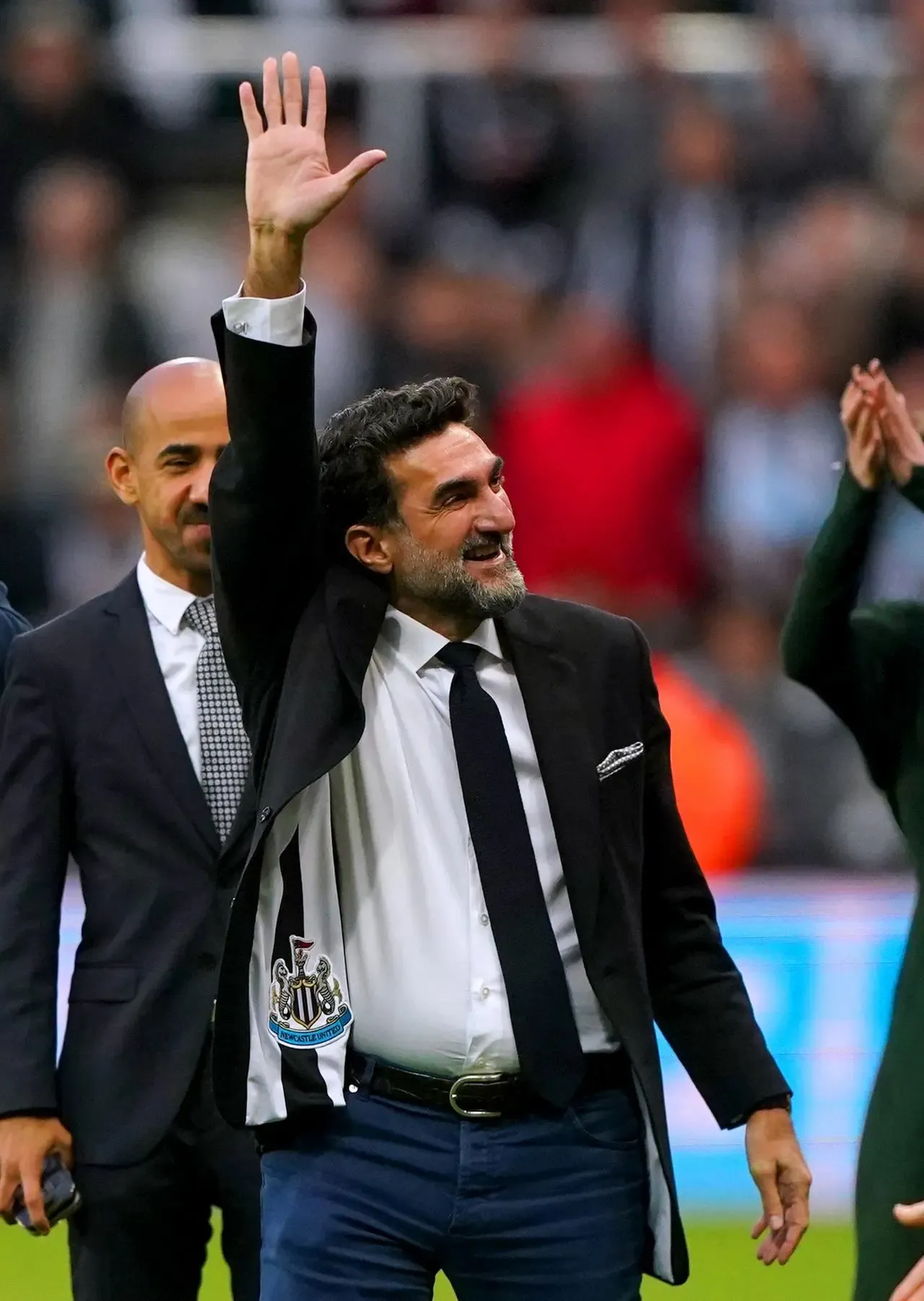 Newcastle chairman Yasir Al-Rumayyan on the pitch at half-time during a Premier League match against Leicester at St James’ Park