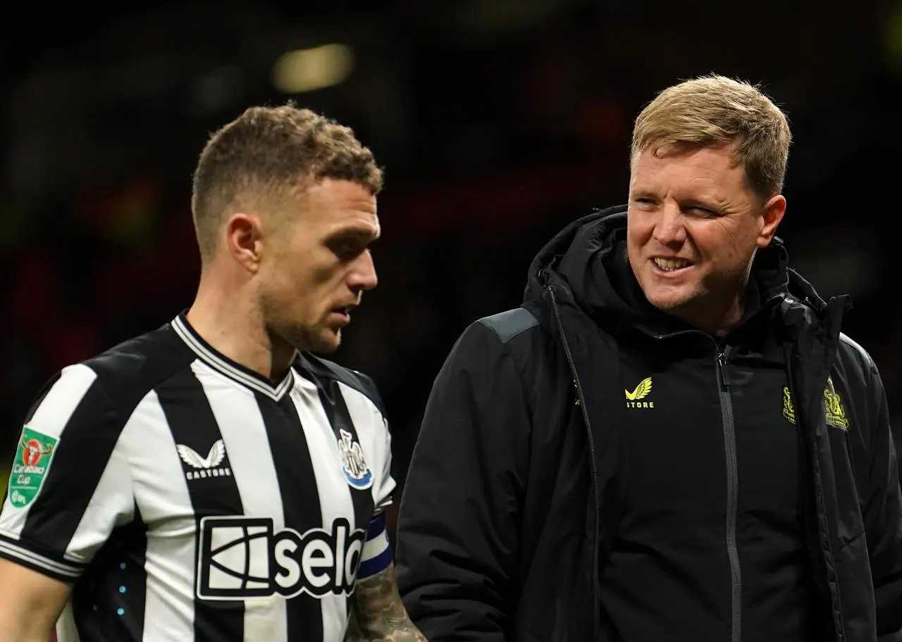 Newcastle’s Kieran Trippier and head coach Eddie Howe react following a Carabao Cup fourth round match at Manchester United