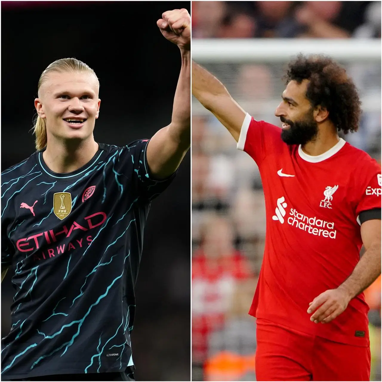 Composite image of Manchester City's Erling Haaland, left, and Liverpool's Mohamed Salah celebrating goals