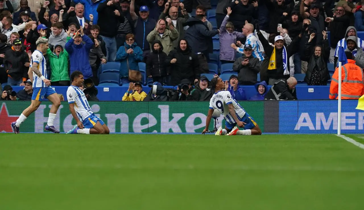 Joao Pedro slides along the turf in celebration 