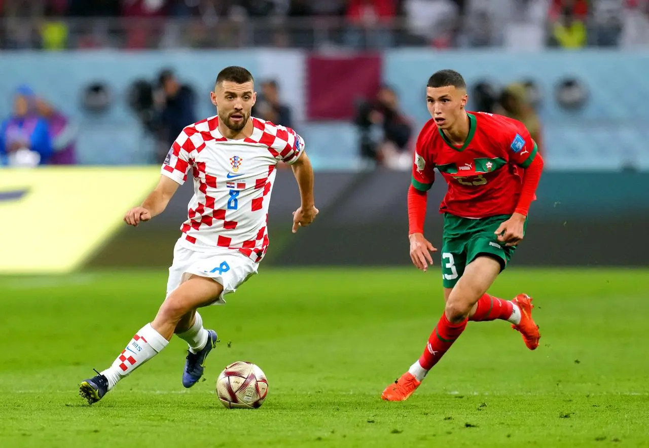 Bilal El Khannouss, right, in action for Morocco during the third place play-off at the 2022 World Cup in Qatar