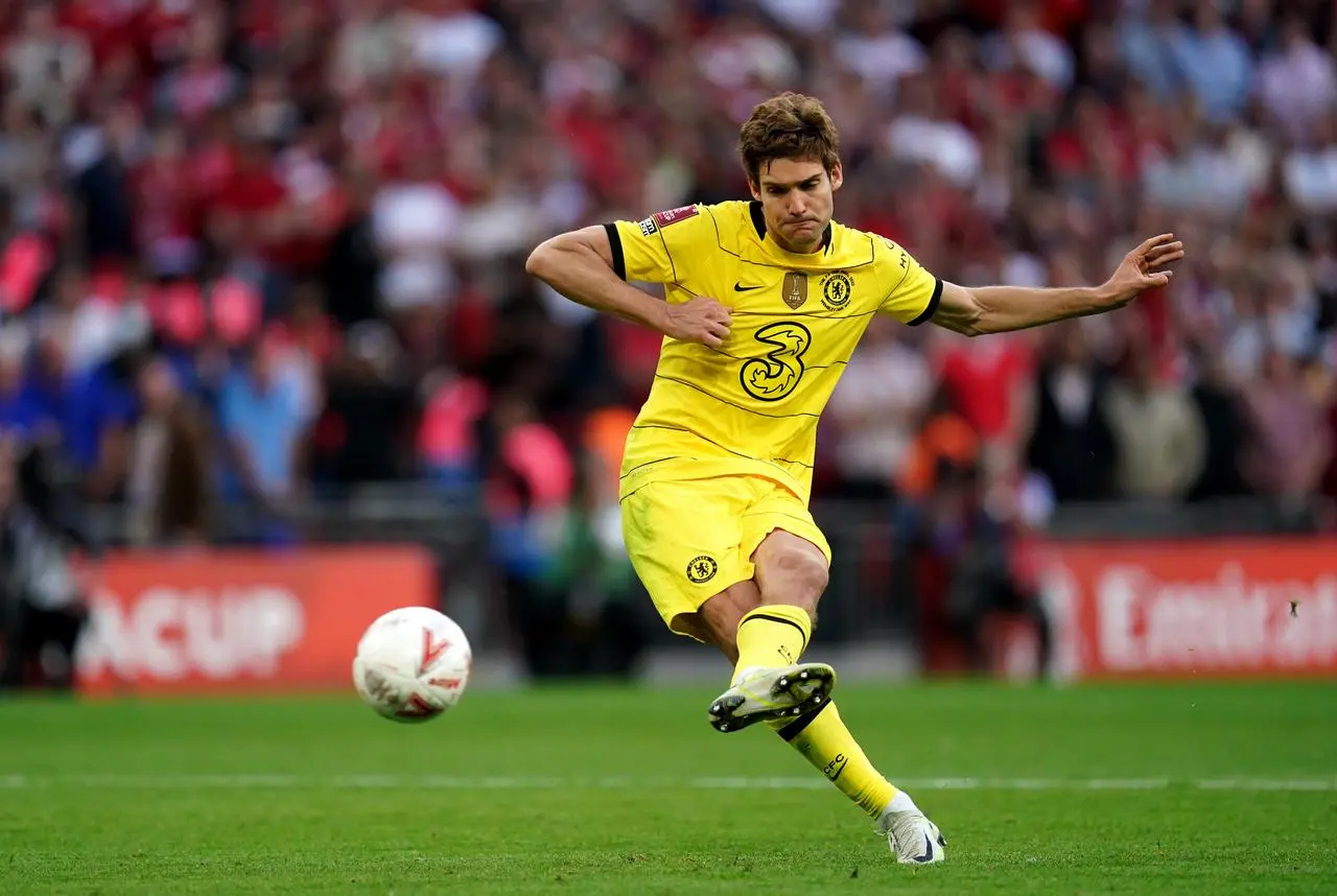 Marcos Alonso takes a penalty in the shootout during Chelsea defeat to Liverpool in the 2022 FA Cup final