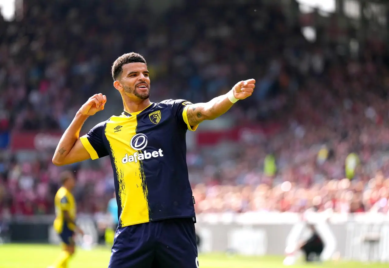 Dominic Solanke celebrates with a bow-and-arrow pose after scoring for Bournemouth against Brentford last season