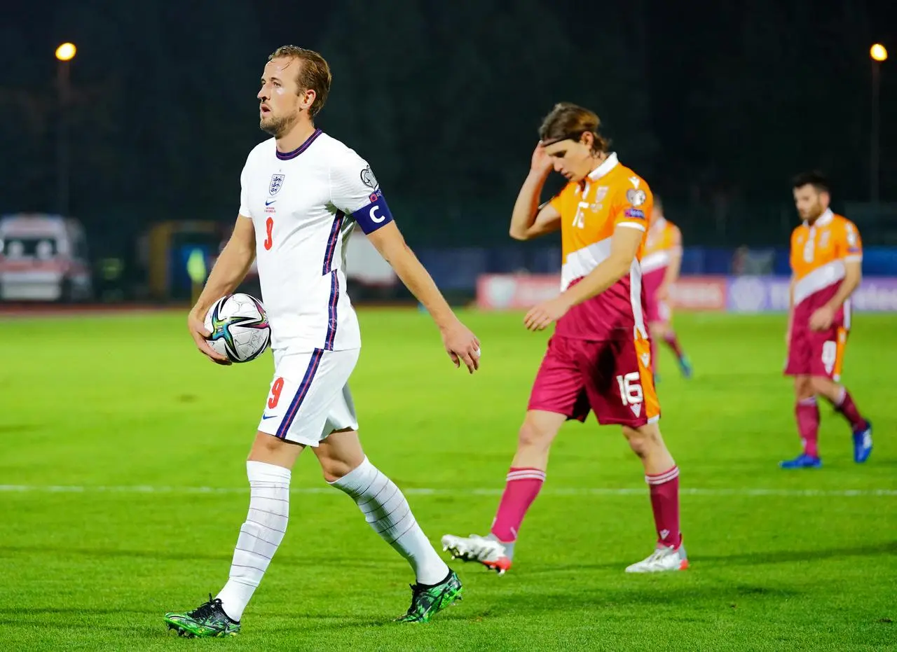 Harry Kane leaves with the match ball after scoring four goals against San Marino in November 2021