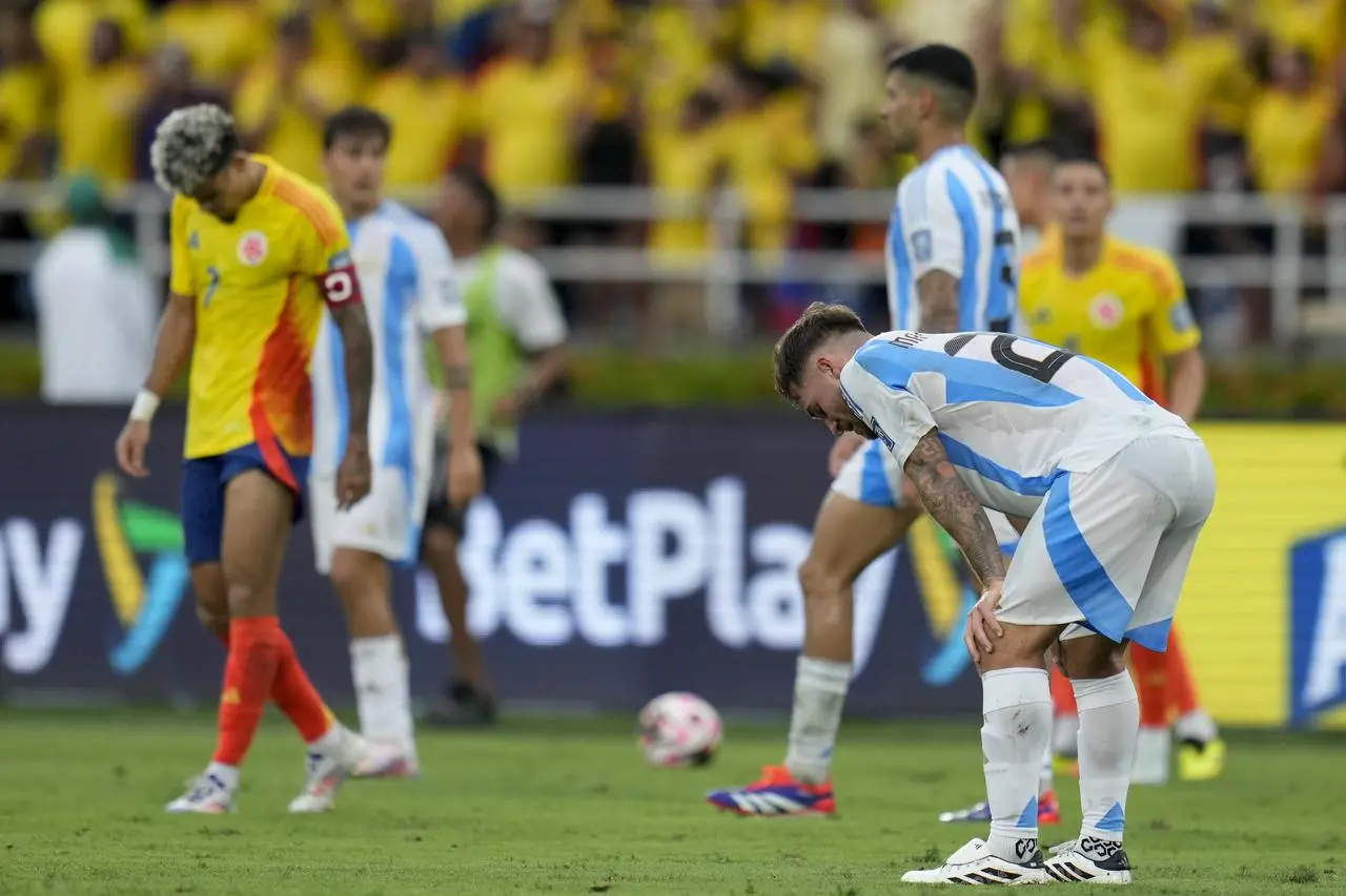 Argentina’s Alexis Mac Allister reacts during a match against Colombia