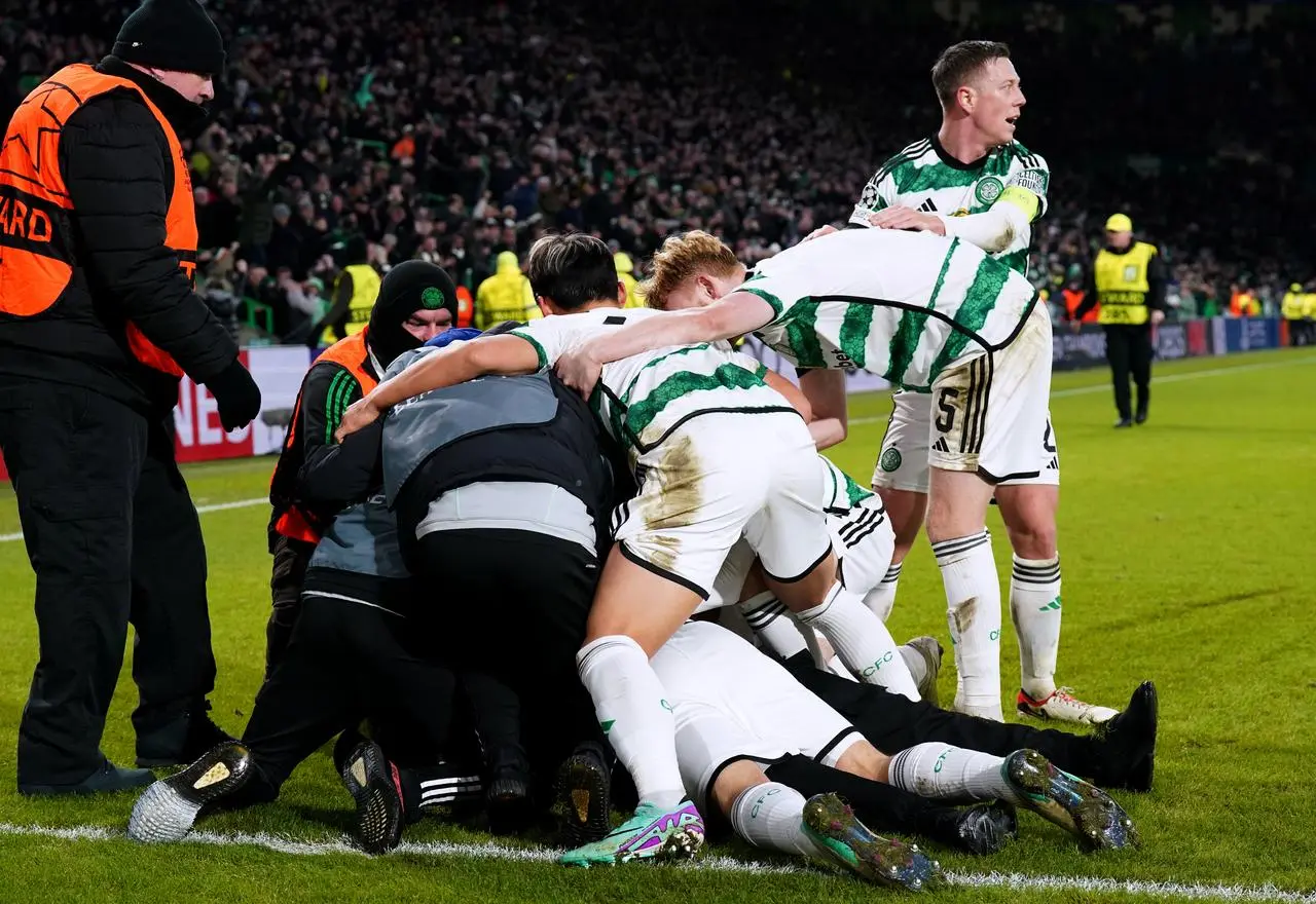 Celtic celebrate Gustaf Lagerbielke's late winner against Feyenoord