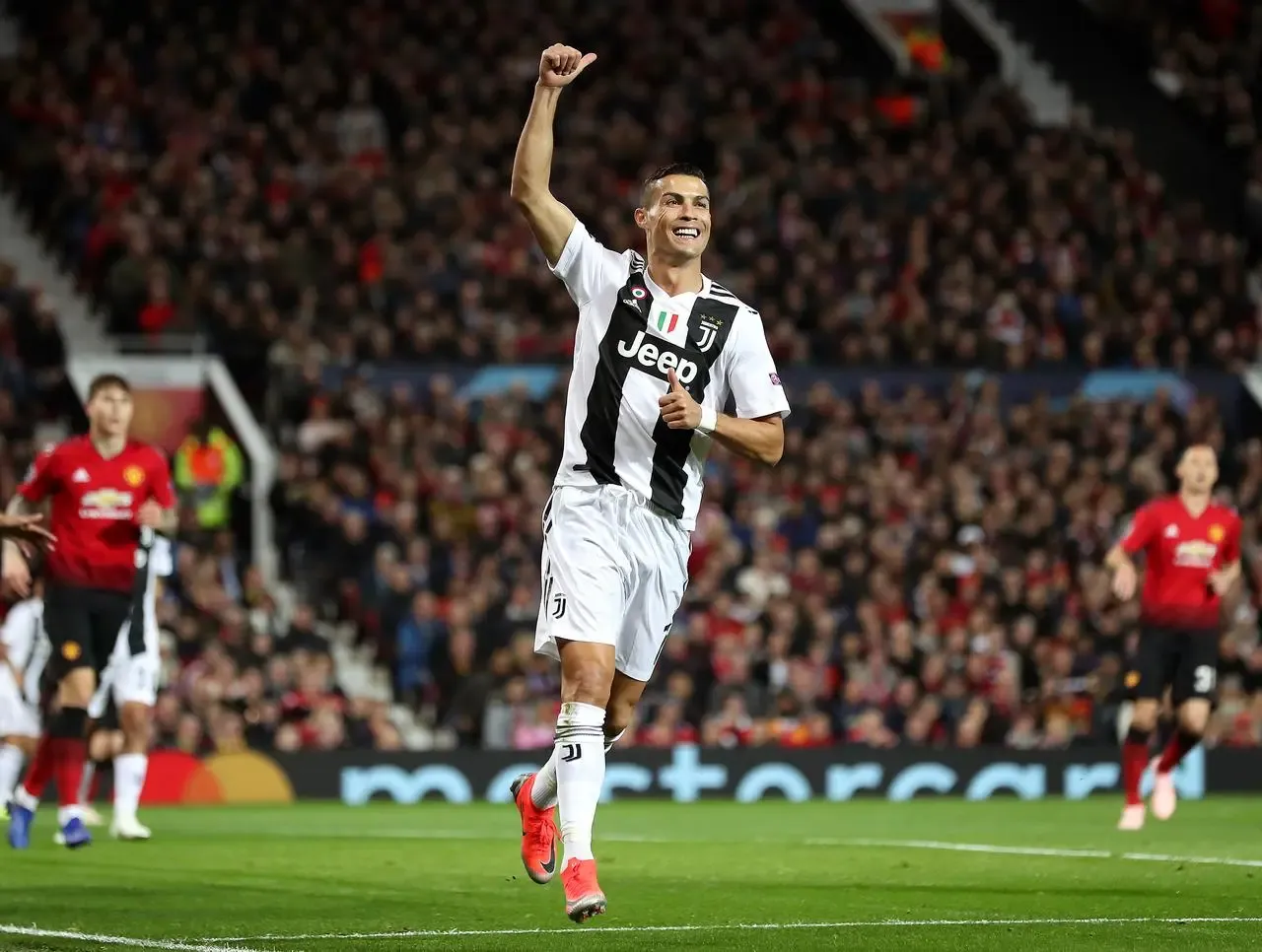 Juventus’ Cristiano Ronaldo celebrates against Manchester United in the 2018-19 Champions League