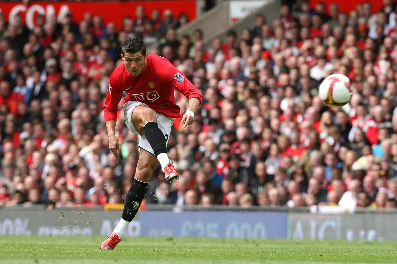 Cristiano Ronaldo fires a shot on goal in his first spell at Manchester United