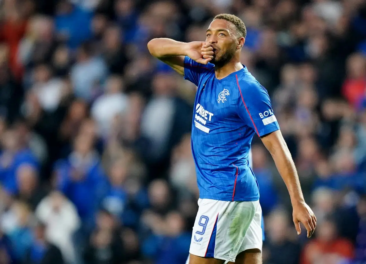 Cyriel Dessers kisses his hand as he celebrates scoring Rangers’ third goal against Dundee