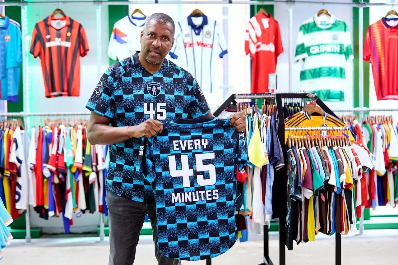 Viv Anderson in the Prostate United shirt at Classic Football Shirts, Dale Street, Manchester