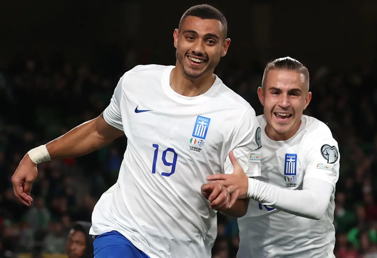 Greece’s Georgios Giakoumakis (left) celebrates scoring against Ireland last year