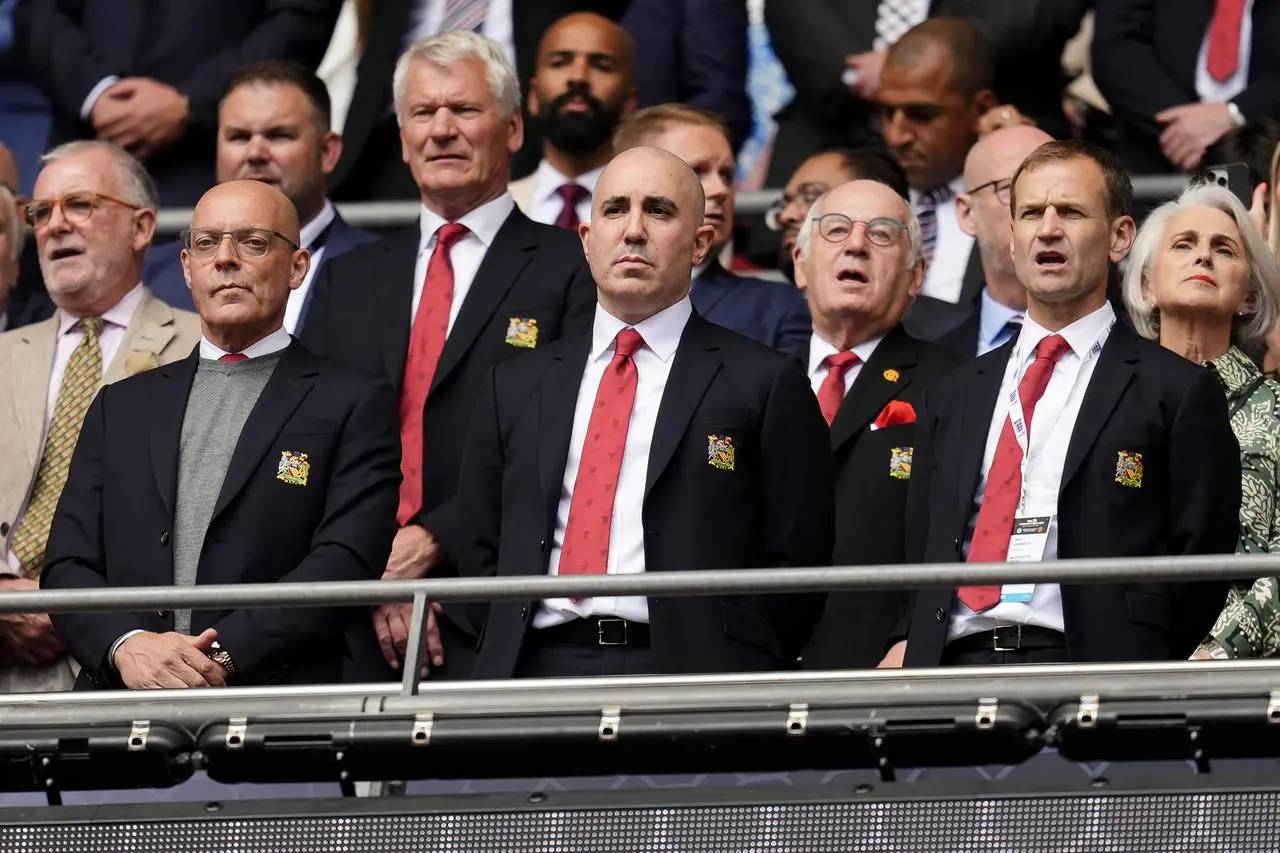 Sir Dave Brailsford, left, Omar Berrada, centre and Dan Ashworth, right, pictured at Manchester United's Community Shield match against Manchester City at Wembley last month 