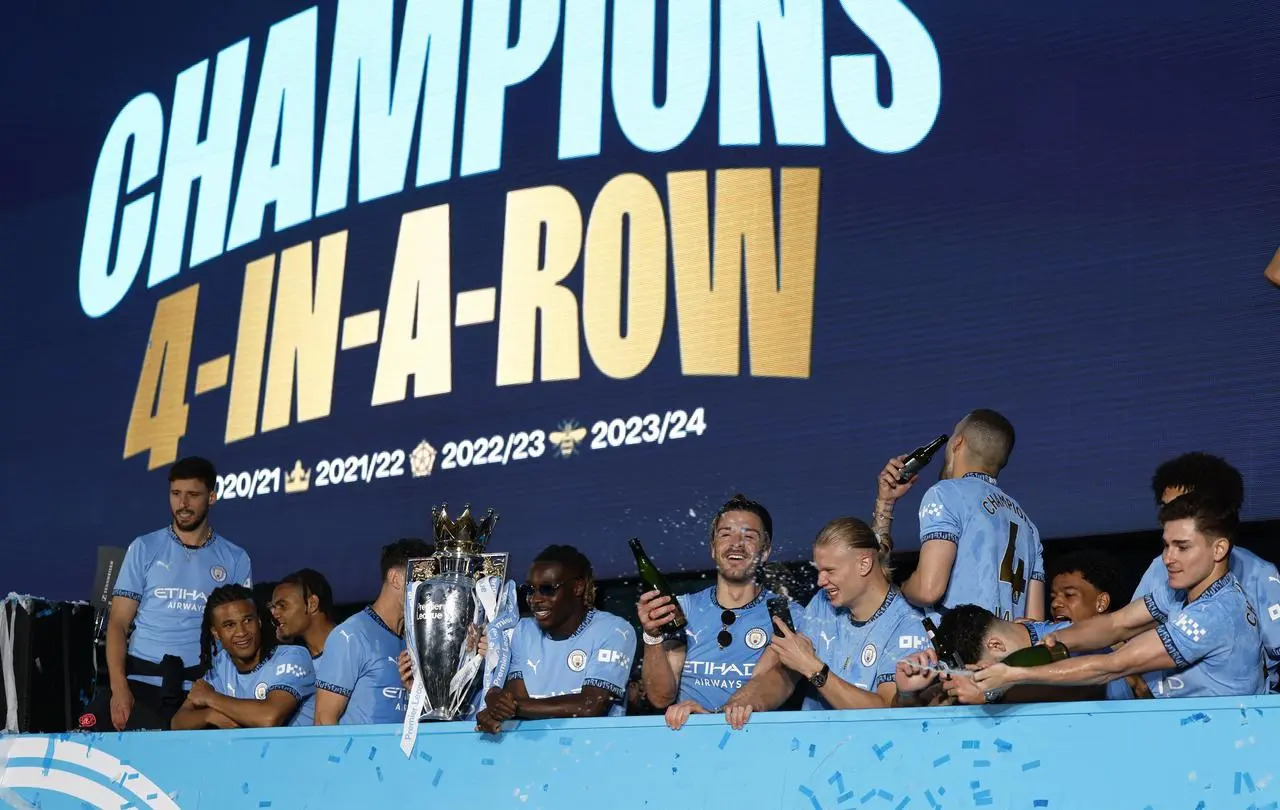 A general view of players during a trophy parade in Manchester, after they won their fourth successive Premier League title and their sixth in seven years. Picture date: Sunday May 26, 2024.