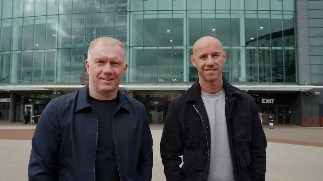 Nicky Butt and Paul Scholes pictured outside Old Trafford