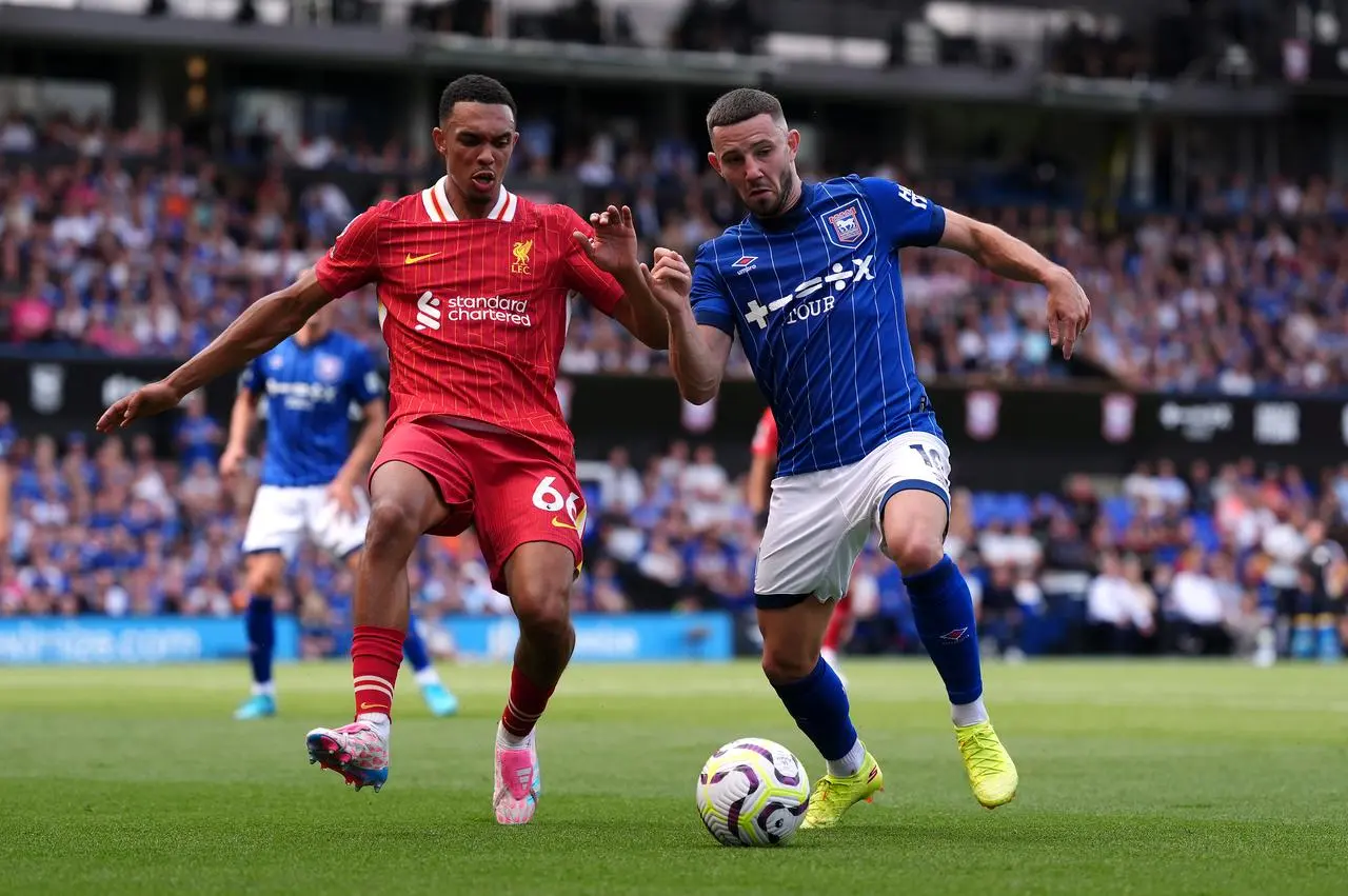 Liverpool’s Trent Alexander-Arnold challenges Ipswich's Conor Chaplin