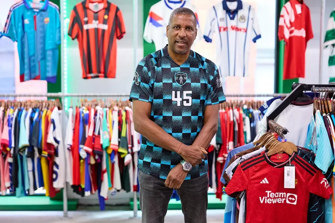 Viv Anderson pictured in the Prostate United shirt for Prostate Cancer UK at Classic Football Shirts, Dale Street, Manchester