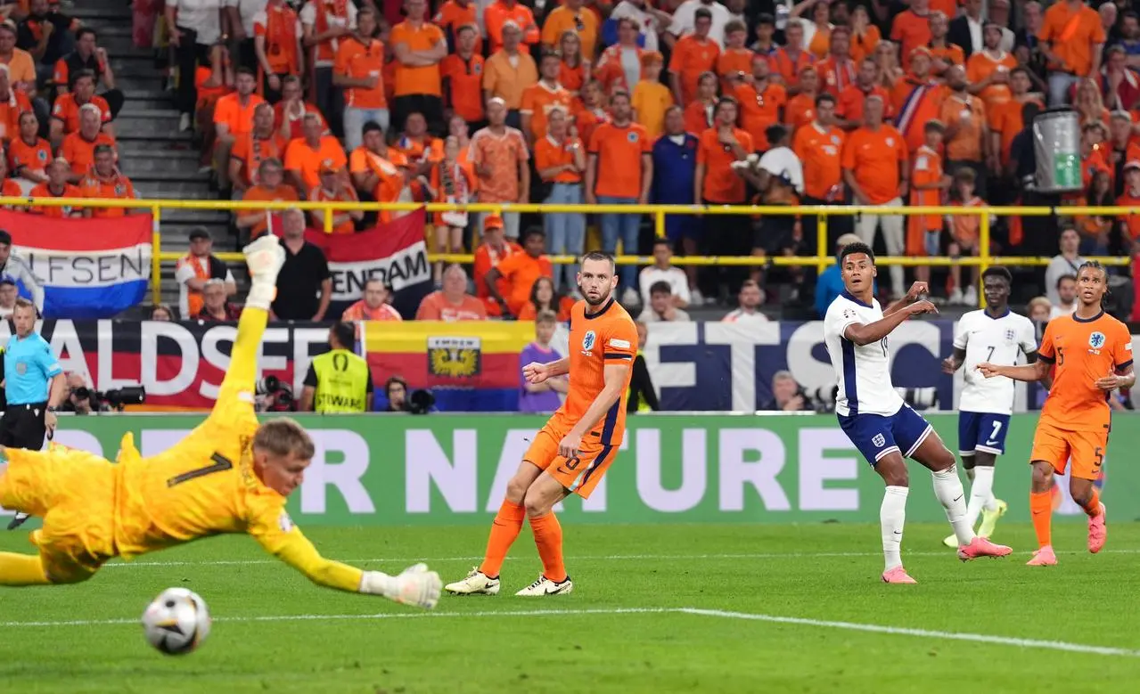 Ollie Watkins watches on as his shot goes beyond the Netherlands' goalkeeper in the Euro 2024 semi-final