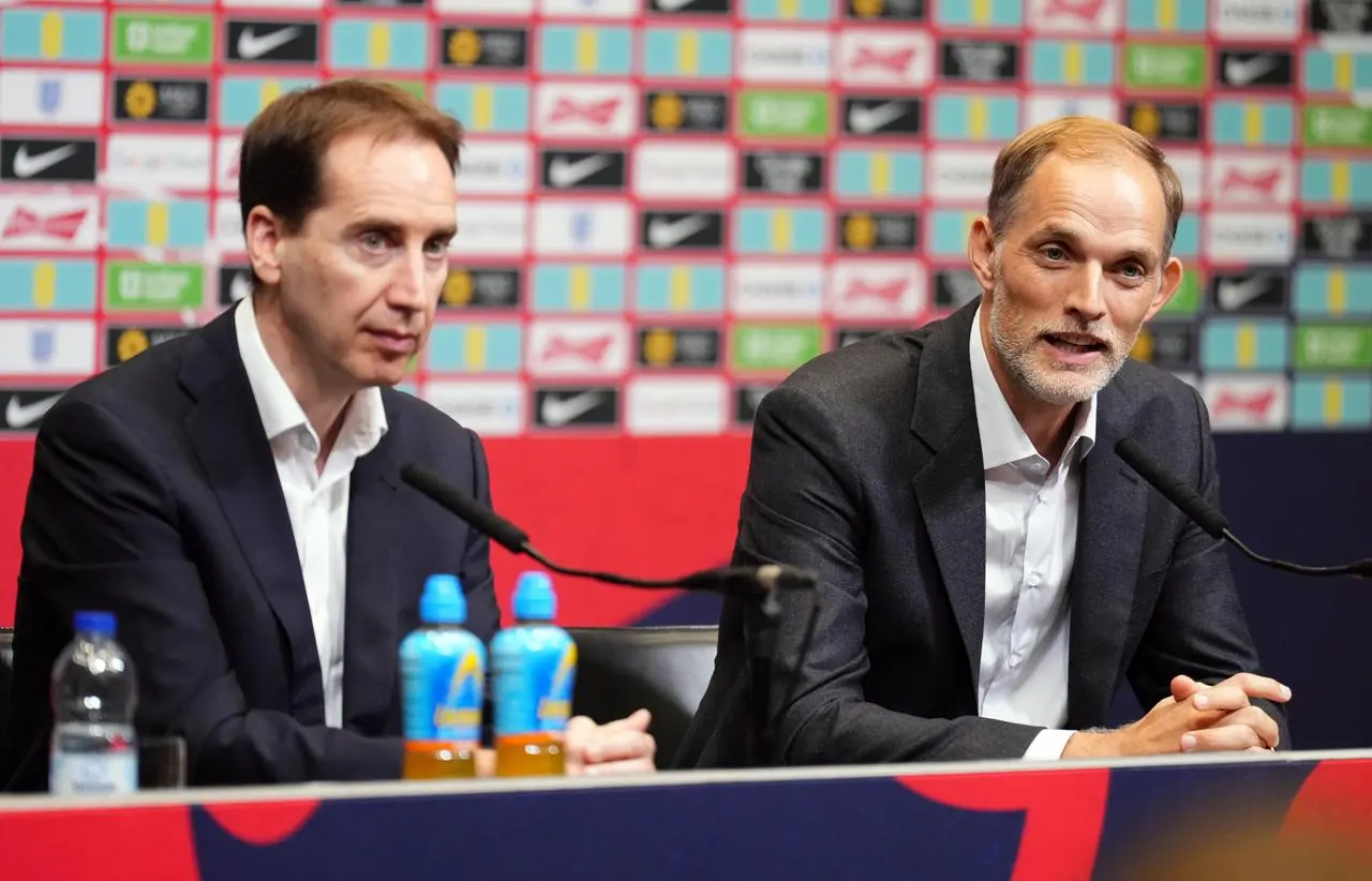 Football Association chief executive Mark Bullingham and new England head coach Thomas Tuchel at a press conference