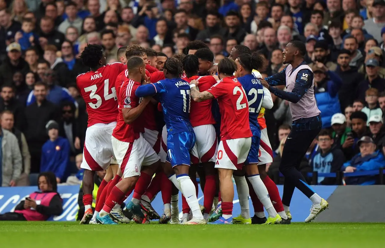 Tempers flare between Nottingham Forest and Chelsea players during the Premier League match at Stamford Bridge