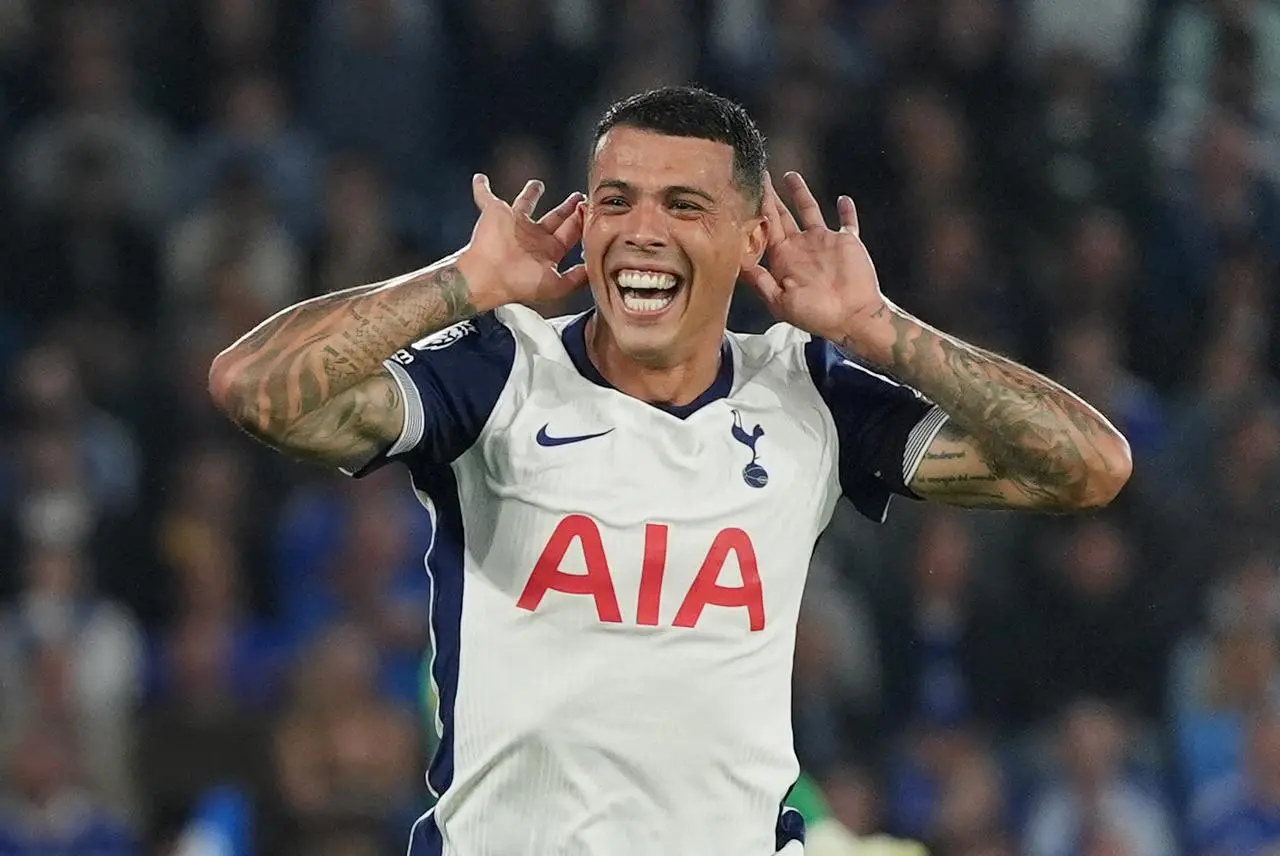 Pedro Porro celebrates after scoring against Leicester