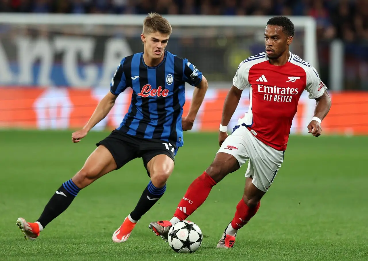 Atalanta forward Charles De Ketelaere, left, in action against Arsenal in the Champions League