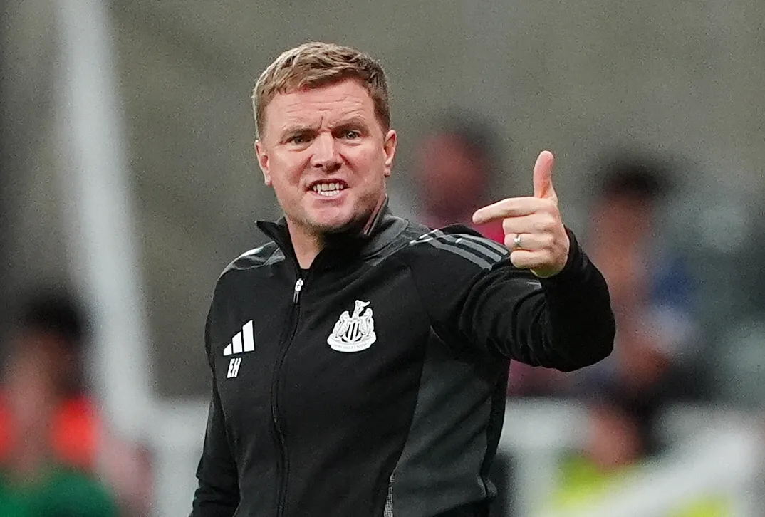 Newcastle head coach Eddie Howe points with his finger and thumb