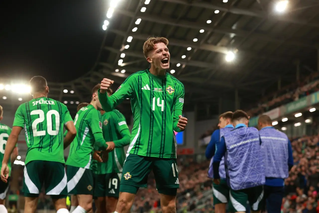 Isaac Price celebrates after scoring his second goal for Northern Ireland