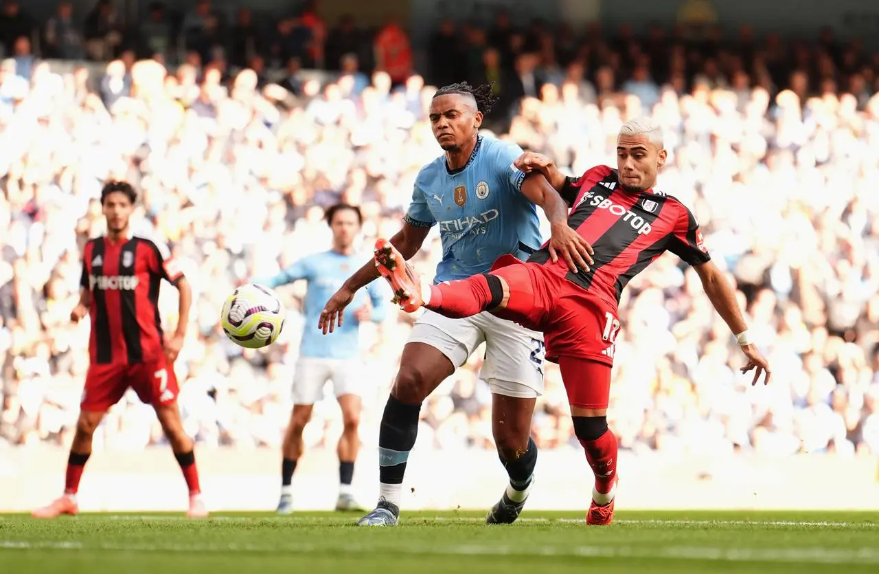 Fulham’s Andreas Pereira scores a volley against Manchester City