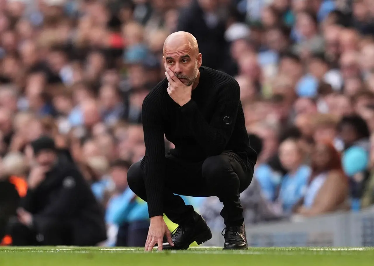 Pep Guardiola on the touchline during the Premier League match against Fulham at the Etihad Stadium