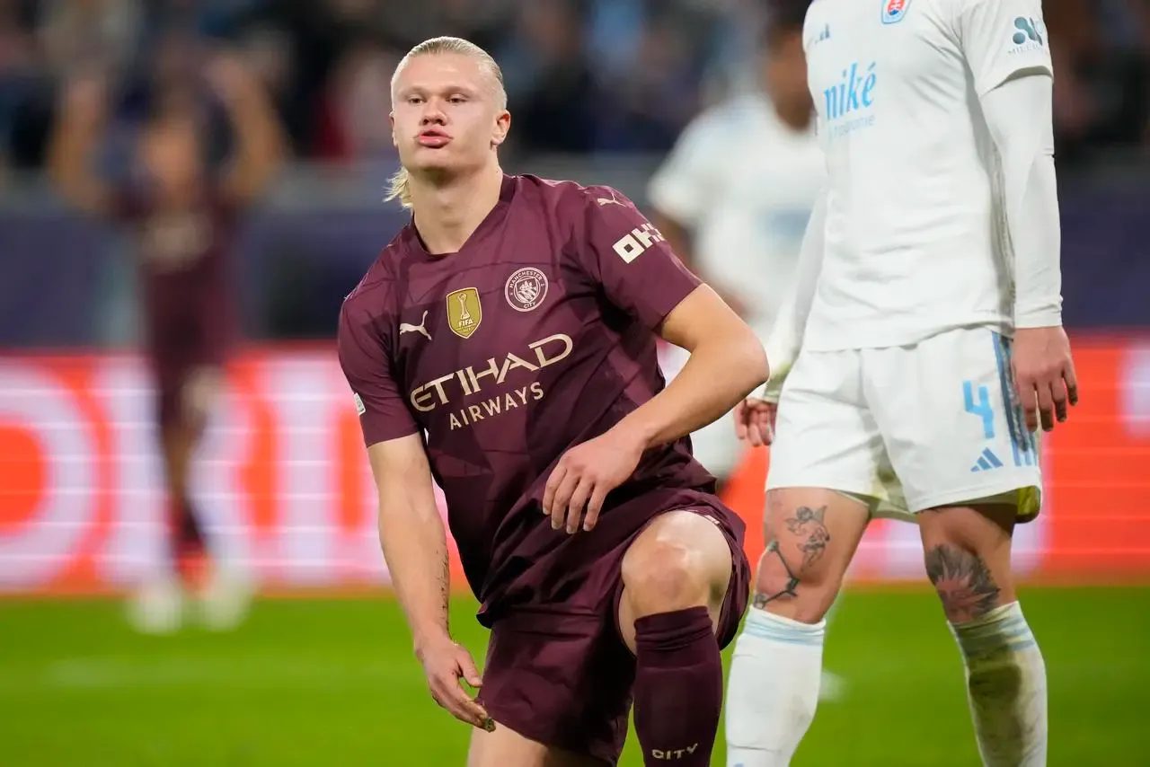 Erling Haaland reacts after missing a chance against Slovan Bratislava