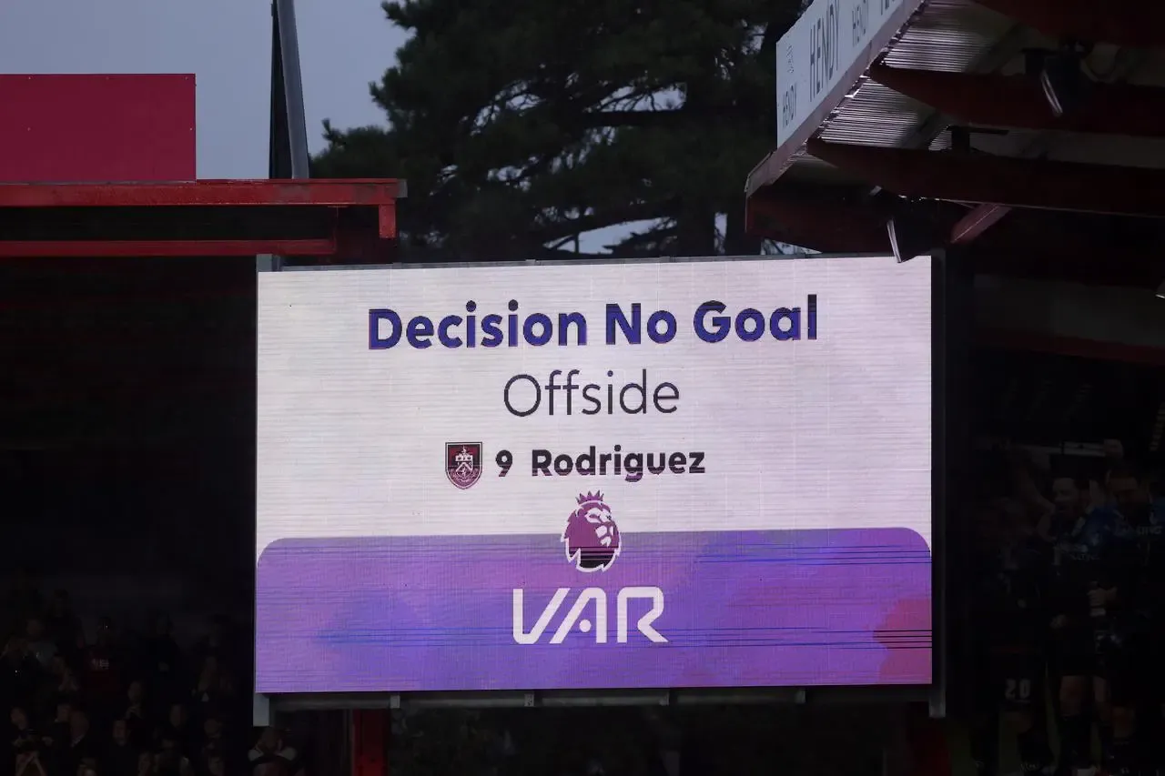 The big screen indicates no goal has been given because of an offside at a match between Bournemouth and Burnley